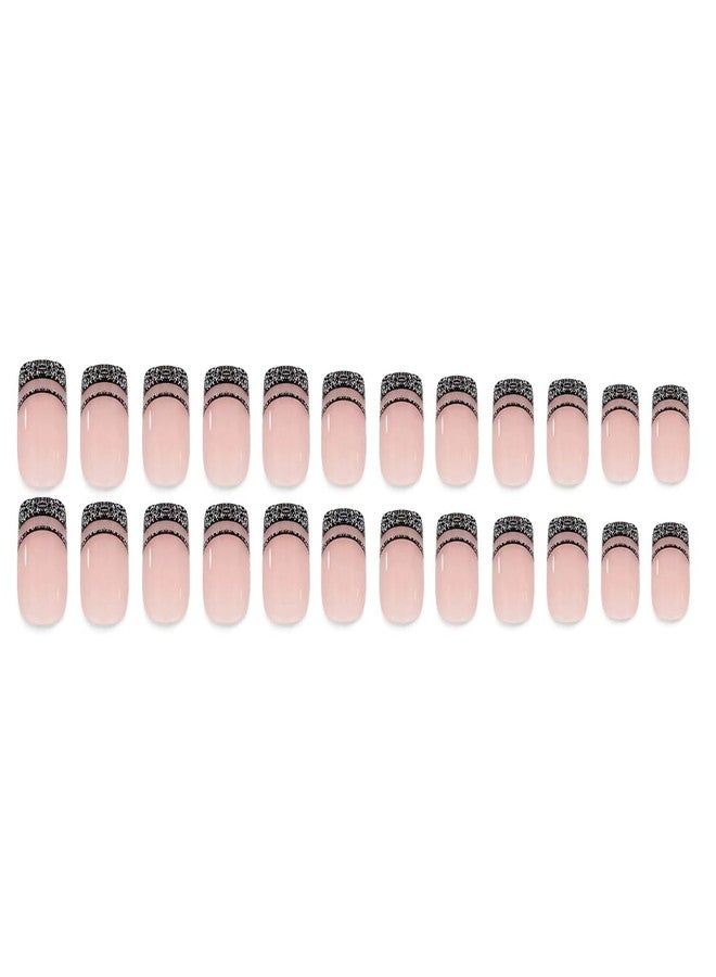 NBNTGH French Tip Press on Nails Short Square Fake Nails with Design Black Line False Nail Glitter Glue on Nails Glossy Full Cover Artificial Acrylic Nail Bling Nude Stick on Nail for Women Manicure 24pcs - Image 2